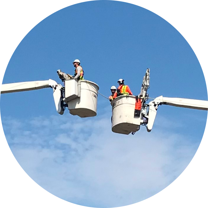 Line technicians working in bucket trucks